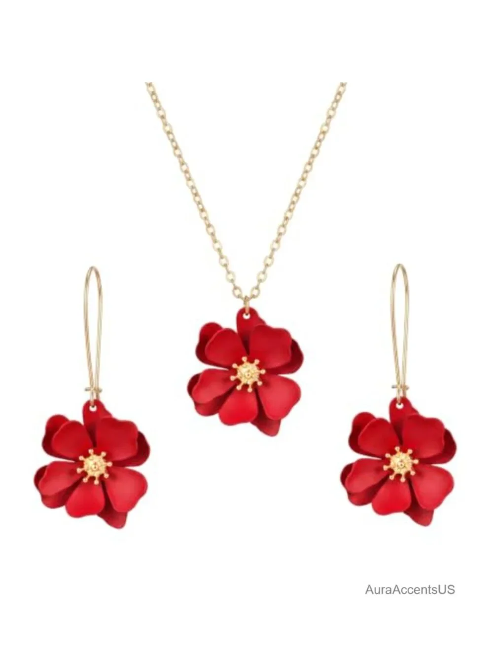 3D Boho Daisy Flower Jewelry Set Necklace and Dangle Earrings Matte Gold Tone